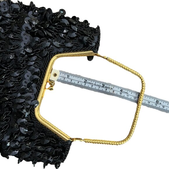 Vintage Beaded Sequin Kiss Lock Clutch Black Formal Glam Flapper Going Out - Picture 7 of 7